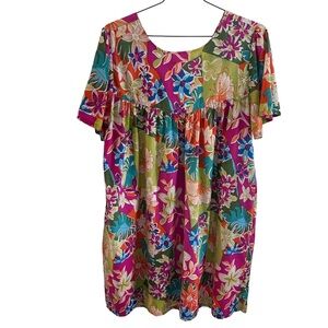 Vintage Handmade Floral Multicolor House Dress With Pockets One Size